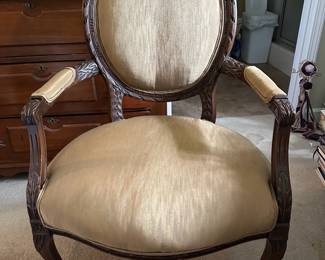 Pair of Louis XVI French Armchairs with carved wood and silk upholstery