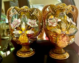 Pair of Majolica Trophy Vases - Gorgeous!