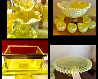 ALL Vaseline Glass, Fenton Opalescent Epergne, Fenton Punch Bowl and matching Cups, Advertising and Display Piece Beachnut Gum Holder and Stand, Rare Large Opalescent Hobnail Ruffled Pedestal Cake Plate  