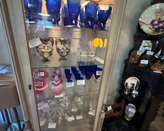 Cobalt Pheasant Goblets set of 11, Pair Majolica Vases, Misc. Porcelain and Bisque Angels, Cobalt Wine Set, Misc. Fenton Cranberry Opalescent Hobnail, Childs Rocking Chair