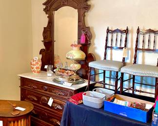 Marble Top Dresser w/ Shelves, Pair Pennsylvania Child Chair w/ Silk Upholstery