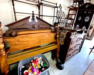 Tiger Maple Pineapple matching Double Headboard and footboard (and behind that a Chippendale Style Queen (or 3/4 size headboard and footboard w/ rails) (both antiques)