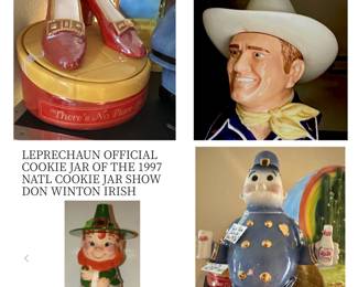 Rare Cookies Jars including these: Wizard of OZ Ruby Slippers, Gene Autry, SIGNED by Don Winston, Designer, 1997 Cookie Jar of the Year Leprechaun and Pepsi Pete