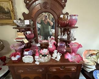 Beautiful Buffet w/ mirror, shelves for displays drawer and cabinets below. Collection of American, Opalescent Cranberry - Pitchers, Bridal Bowls, Baskets, Vases and other pieces