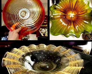 Victorian Amberina Bowl, Large MidCentury Art Glass, HC Fry "Controlled Bubble Applied Gold Thread" Art Glass Steuben style Ruffled Edge Bowl