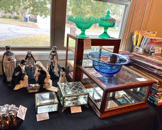Potting Shed Dedham Pottery Nativity Set Display Cabinets, Blue and White Swirl Glass Bowl and Fenton Green Ruffle Open Compote and lidded footed Candy Dish. 