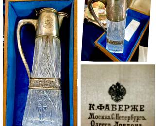 Faberge Russian Silver and Cut Glass Pitcher/Ewer in Velvet Lined Lidded Box 