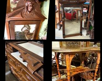 Ornate Carved Mirror w/ Marble top Dresser, Eastlake Mirror and Ball and Stick Plant Table 
