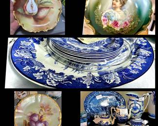 Porcelain hand-painted plates, Woods Burslem Blue Transferware Turkey Platter w/ Four Plates England, Figurine plates
