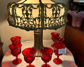 Antique Slag Glass Lamp, Set of 7 Moon and Stars Ruby Goblets 