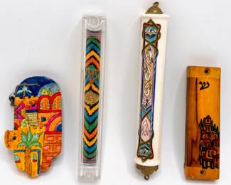 3 Hand Made Mezuzahs With Scrolls & 1 Hamsa Wall Art
Lot #: 133