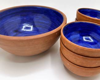 Vintage Set Of 6 Spanish Terra Cotta With Cobalt Blue Glaze Gazpacho Bowls & Large Serving Bowl
Lot #: 20