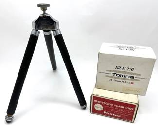 Vintage Camera Equipment: Ising Tripod, New In Box Tokina SZ-270 Macro Ratio 1:4 Lens & New Flash Unit
Lot #: 59
