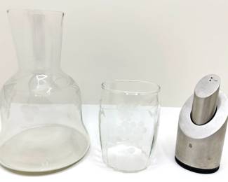 Vintage Etched Glass Water Carafe & Glass With Grape Motif & WMF Salt & Pepper Shaker Set
Lot #: 87