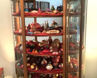 Oak Bow Front Cabinet, Christmas Ornaments