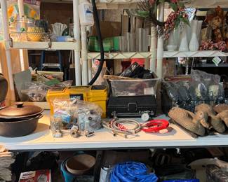 tarps, sprayers, tool box , fishing tackle box, duck & quail decoys