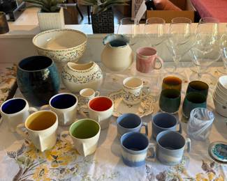 French Gien faience pieces, pottery mugs by talented local artisans