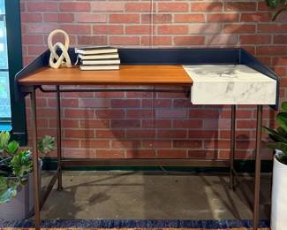 Bontempi Casa navy leather, wood & marble desk with hidden compartments and mirror