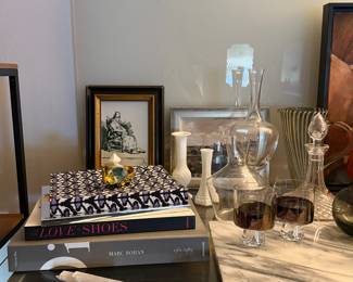 Huge Dior coffee table book, crystal carafes, decanters, framed prints
