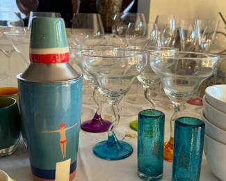 Vintage French cocktail shaker, wine glasses, margarita glasses, flutes