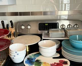 Cake stands, West Elm bowls, square appetizer plates