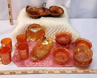 ASSORTED ORANGE CARNIVAL GLASS MCM SERVING DISH WITH HANDLE