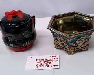 FENTON CARNIVAL GLASS CHRYSANTHEMUM BLACK CAT COOKIE JAR JAPAN