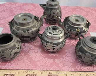 ANTIQUE HOR CHUNG YIX CLAY PEWTER MOUNTAIN DRAGONS.TEA SET 