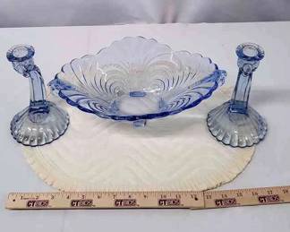 ELEGANT BLUE GLASS FRUIT BOWL AND CANDLESTICKS