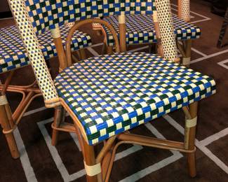 Maison Drucker original, custom ordered, handmade French Bistro chairs. They are in very good used condition. 1 set of four for $1200, however 1 chair is having an adjustment at Gomillion furniture & will not be available until sometime in December.
