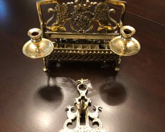 Antique brass Hanukkah lamps. Larger Poland 18th c. 11.5” x 10” $1,500. Smaller 6” w x 8.5 h., $500