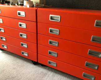 A pair Vintage of modern Chinese red chests, on wheels 31.5" Eide x 19.5" deep x 28 3/4" tall with shallow drawers of about 2.5" depth. These could be great for jewelry, trinkets or photographs etc. $995 each