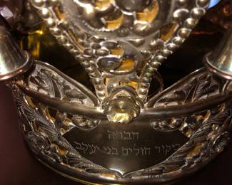 Contemporary large Torah crown, 13" to finial & about 12" at widest point about 4.40 lbs. Appears to have light touch marks for sterling and electronically analyzed as being silver. 1995 grams, $3,500