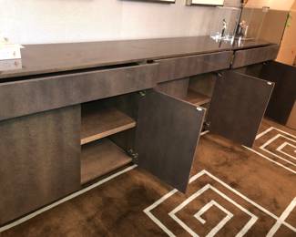 Custom made Gomillion Furniture Co., Cleveland, long lacquered sideboard 120" long x 20" deep x 36" tall $1,000. Some small nicks here & there and minor surface abrasions.