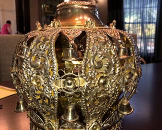 Contemporary large Torah crown, 13" to finial & about 12" at widest point about 4.40 lbs. Appears to have light touch marks for sterling and electronically analyzed as being silver. 1995 grams, $3,500