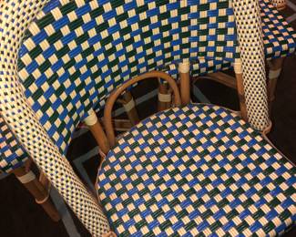 Maison Drucker original, custom ordered, handmade French Bistro chairs. They are in very good used condition. 1 set of four for $1200, however 1 chair is having an adjustment at Gomillion furniture & will not be available until sometime in December.
