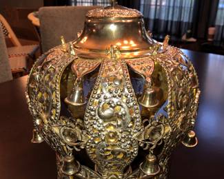 Contemporary large Torah crown, 13" to finial & about 12" at widest point about 4.40 lbs. Appears to have light touch marks for sterling and electronically analyzed as being silver. 1995 grams, $3,500