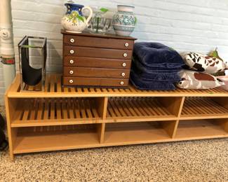 Various items in basement including maple open storage bench (once a built in). $100
Antique 5 drawer cab. sold