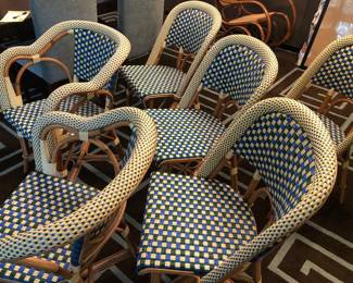 Set of 10 Maison Drucker original custom ordered handmade French Bistro chairs. They are in very good used condition. We are selling them as one set of six with 2 arm chairs for $2000 and one set of four for $1200.