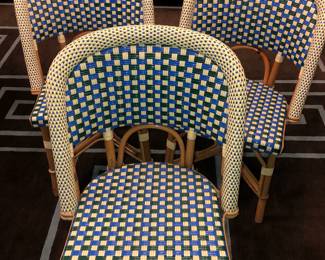 Maison Drucker original, custom ordered, handmade French Bistro chairs. They are in very good used condition. 1 set of four for $1200, however 1 chair is having an adjustment at Gomillion furniture & will not be available until sometime in December.