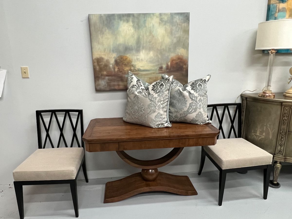 Rose Tarlow Console table, Pair of Baker X BACK style side chairs