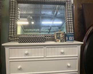 Mitchell Gold Upholstered mirror, white cottage style chest of drawers