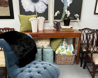 Mitchell Gold Blue tufted slipper chair and Drexel Heritage console 