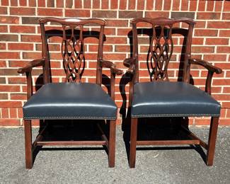Pair of chippendale chairs with blue leather bottoms