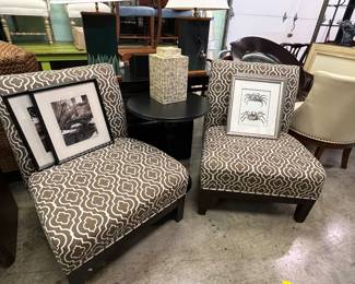Pair of trellis upholstered slipper chairs
