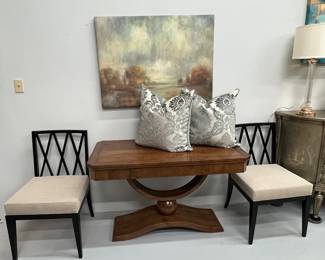 Rose Tarlow Console table, Pair of Baker X BACK style side chairs