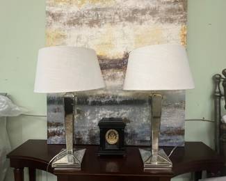 Contemporary console table and pair of mirrored lamps