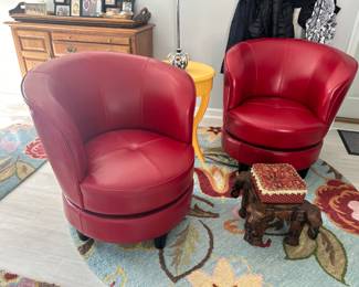 Funky Red Leather Swivel Chairs, Set of Bright Floral Rugs, Carved Elephant Ottoman