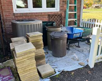 Pavers, Garbage Cans, Ladder and Wheelbarrow