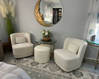 Pair of new Chairs, Moon Mirror, Brass and Glass Lamps
